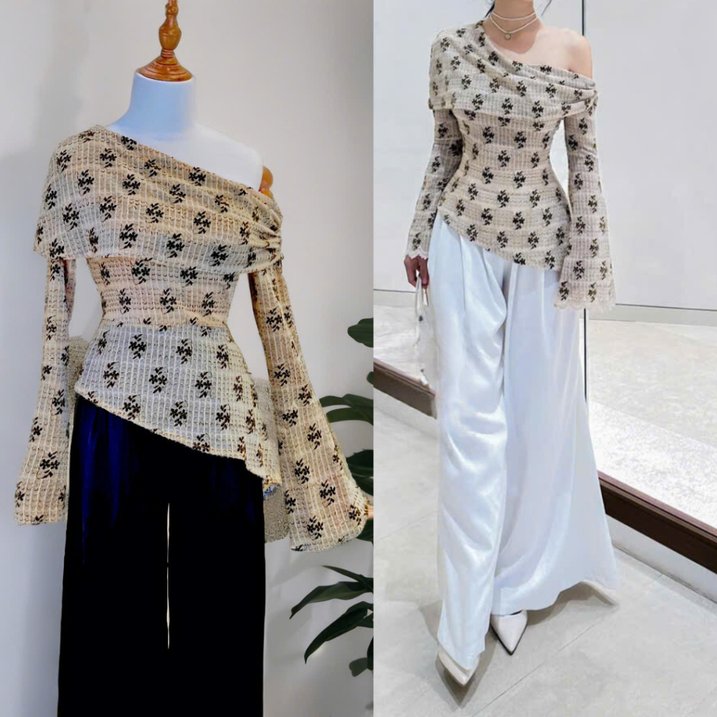 Áo lệch vai tay dài tà chéo ôm eo Style sang chảnh LVAI112