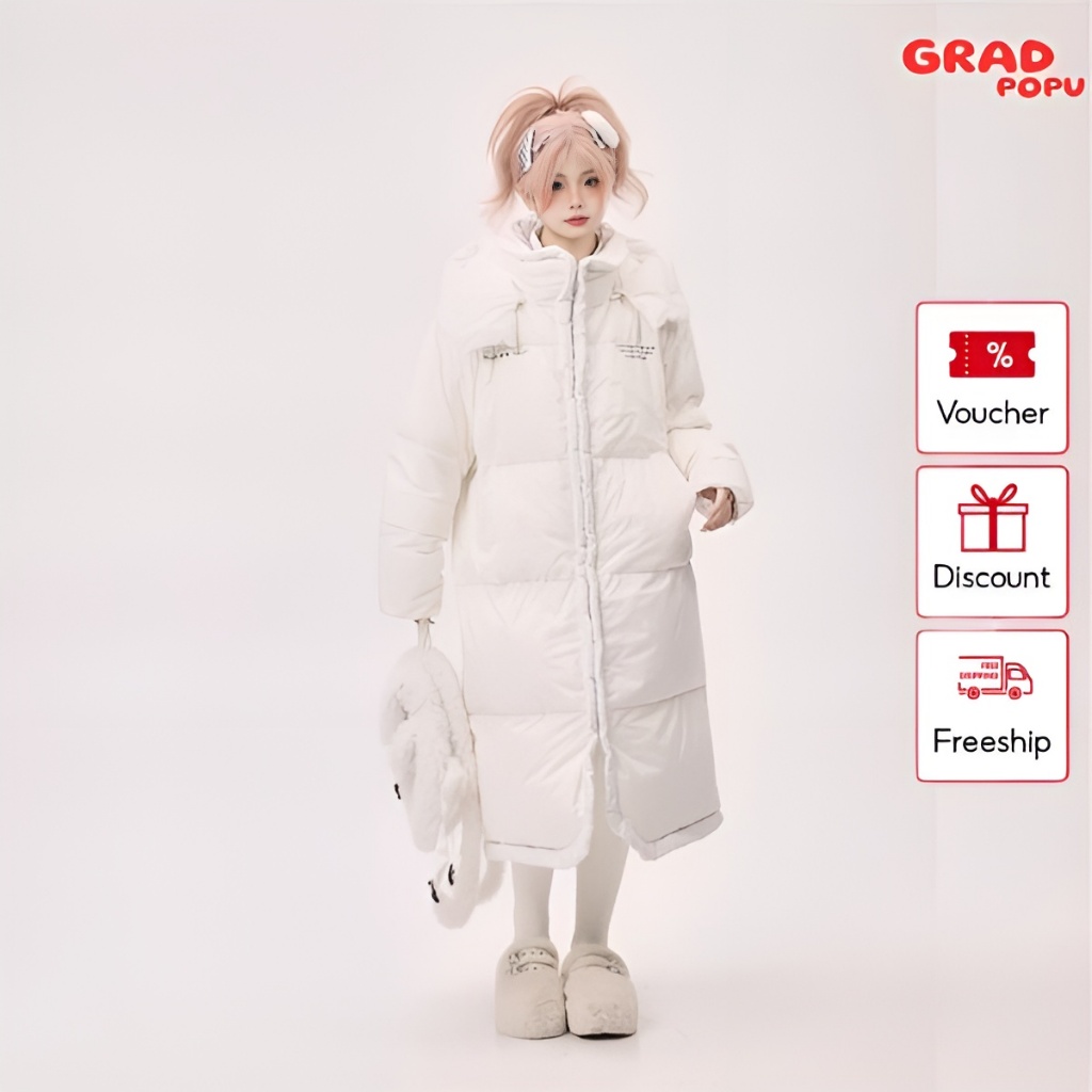 Áo phao nữ dáng dài GRADPOPU PAP09 cổ đứng có mũ trùm đầu, áo khoác phao béo oversize bo chun dày dặn siêu ấm