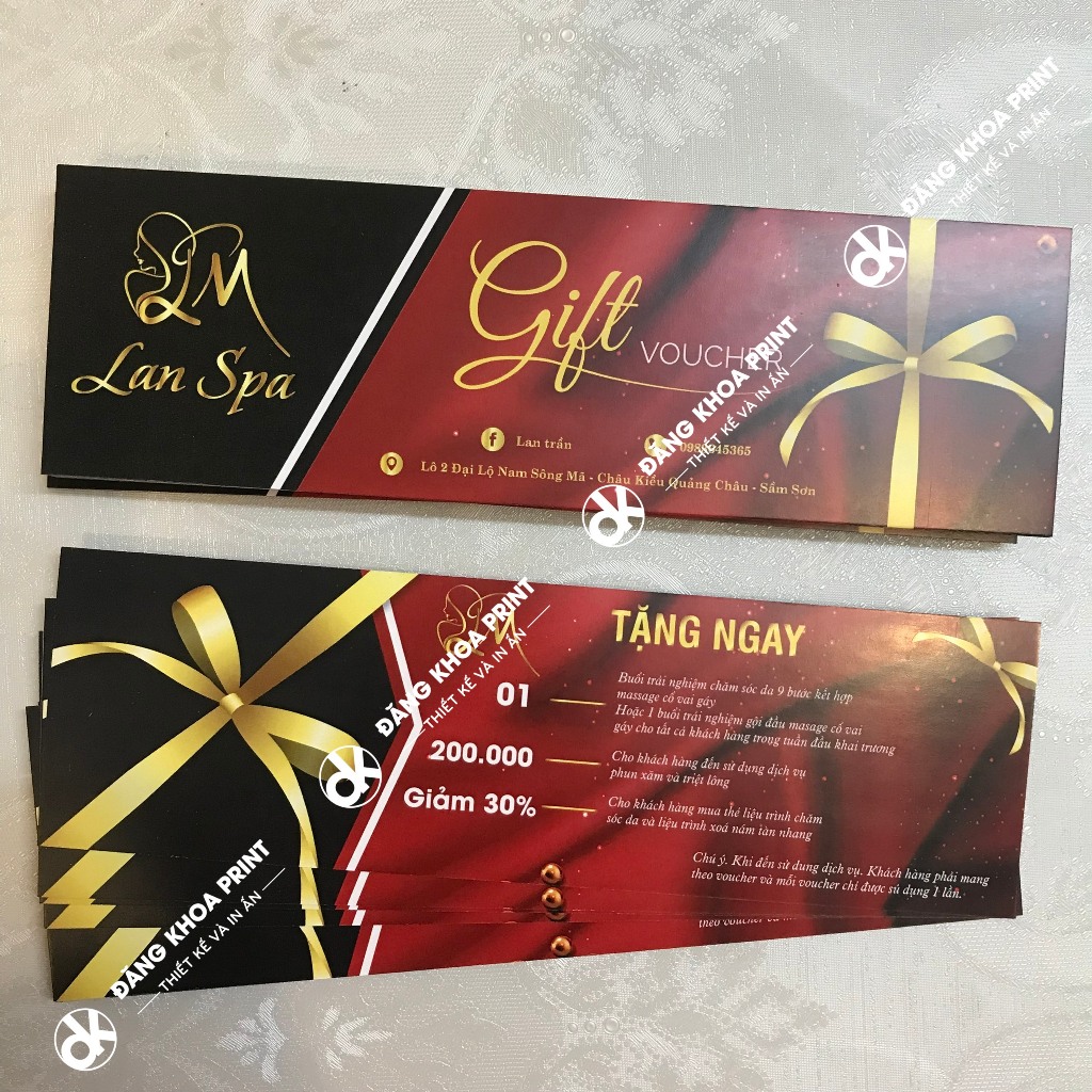 In voucher, thẻ quà tặng, gift card cho Spa, Salon tóc, Nhà hàng, Shop quần áo.....Giấy C300 cán mờ dày dặn