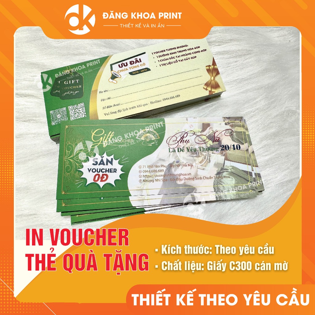 In voucher, thẻ quà tặng, gift card cho Spa, Salon tóc, Nhà hàng, Shop quần áo.....Giấy C300 cán mờ dày dặn