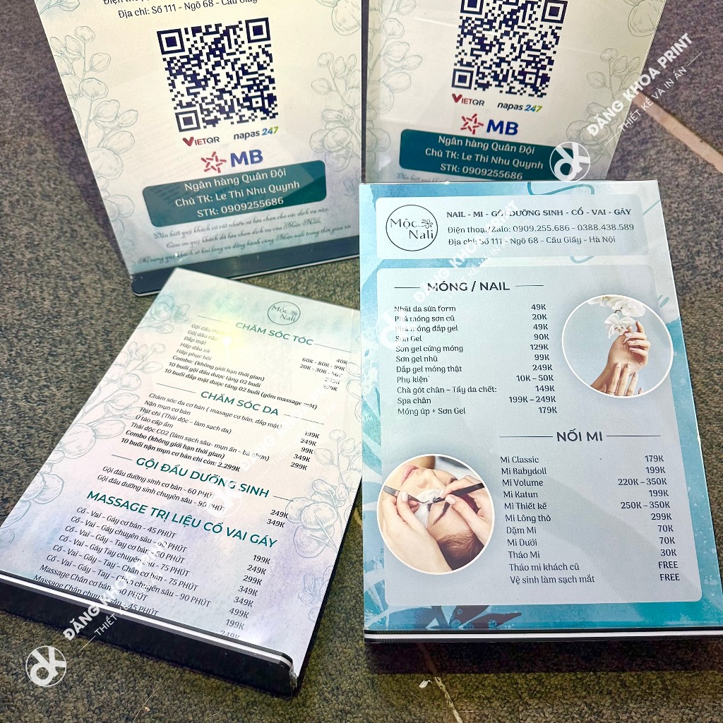 In menu số lượng ít, menu giấy c300 ép plastic, menu bìa cứng, menu bồi foamex, menu để bàn cho spa, quán ăn, cửa hàng