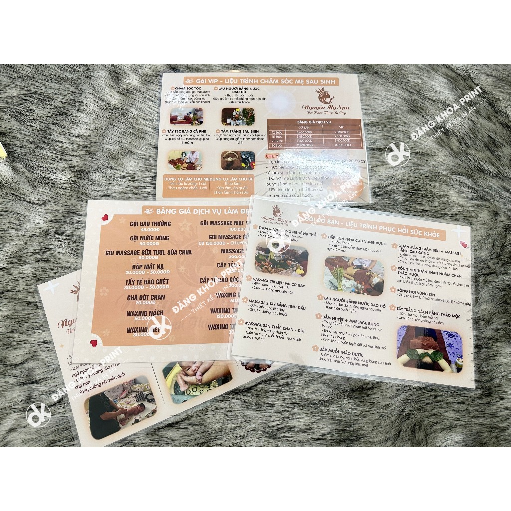 In menu số lượng ít, menu giấy c300 ép plastic, menu bìa cứng, menu bồi foamex, menu để bàn cho spa, quán ăn, cửa hàng