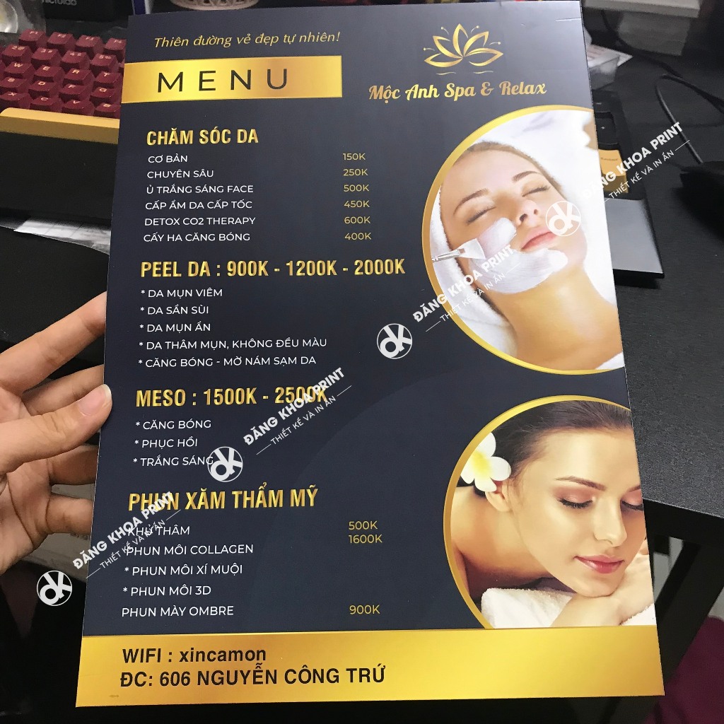 In menu số lượng ít, menu giấy c300 ép plastic, menu bìa cứng, menu bồi foamex, menu để bàn cho spa, quán ăn, cửa hàng