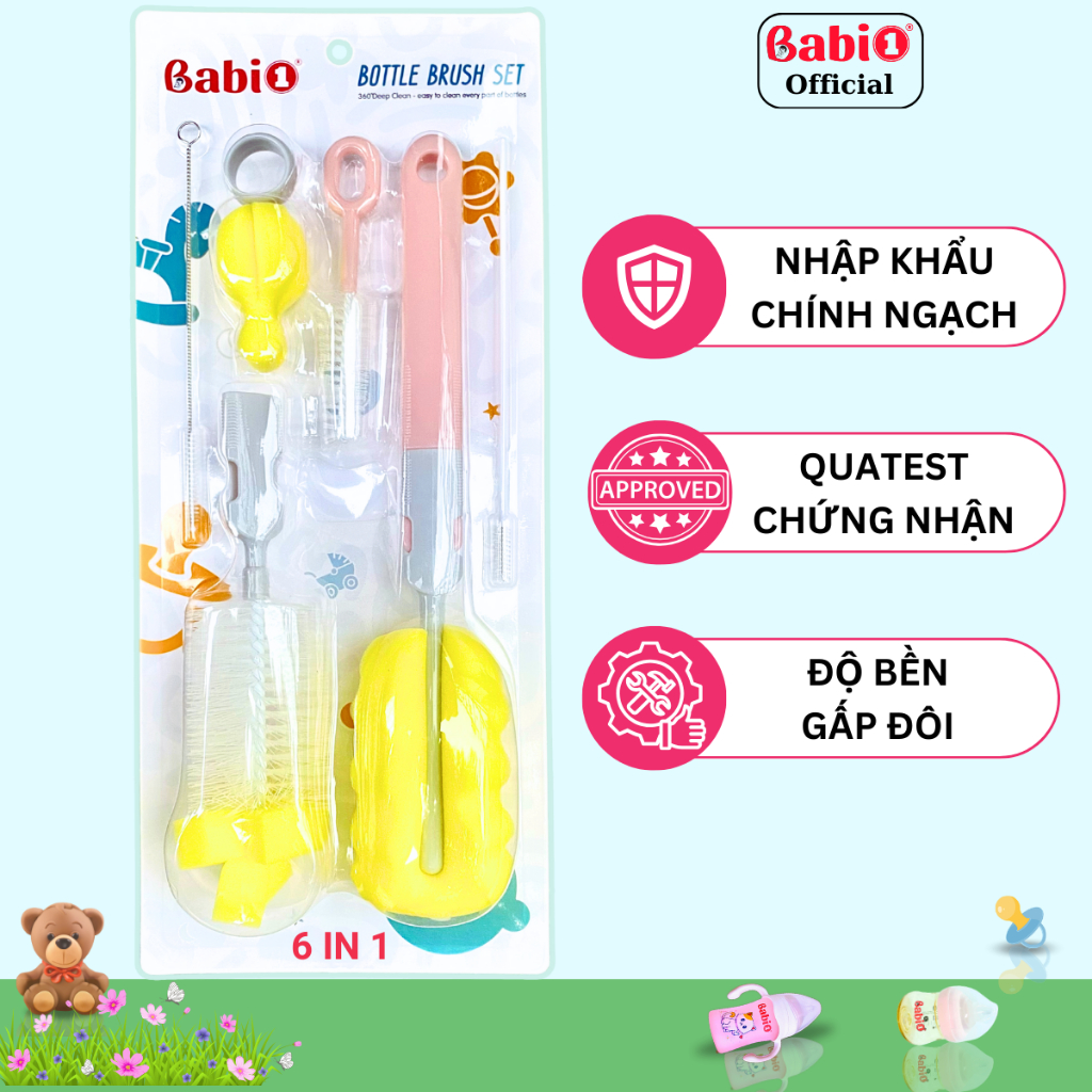 Combo Bộ Cọ Rửa Bình Sữa 6in1 Babi1 Và Bình Sữa PPSU Plus Có Tay Cầm (Đủ Size)