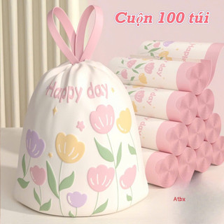 Sét cuộn túi rác 100 cái hình hoa tulip hồng xinh xỉu, có dây rút gọn gàng 🌸 tuyển sỉ🌸
