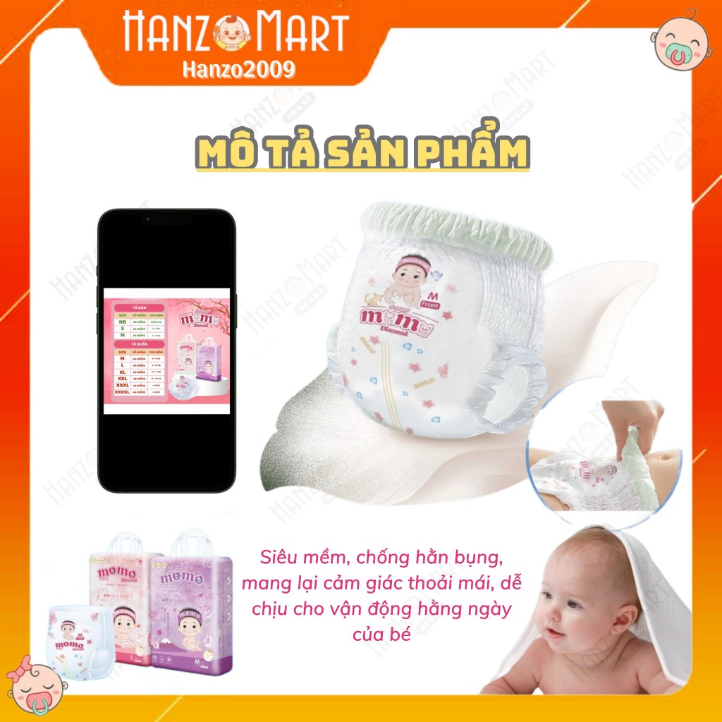 Bỉm tã dán/quần MOMOTARO / MOMO DIAMOND S112/M92/L84/Xl78/XXL72/XXXL70