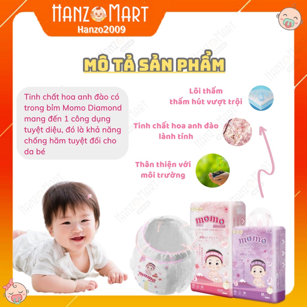 Bỉm momo diamond dán quần S64/ M60/L54/XL50/XXL48/XXXL46 tinh chất hoa anh đào.