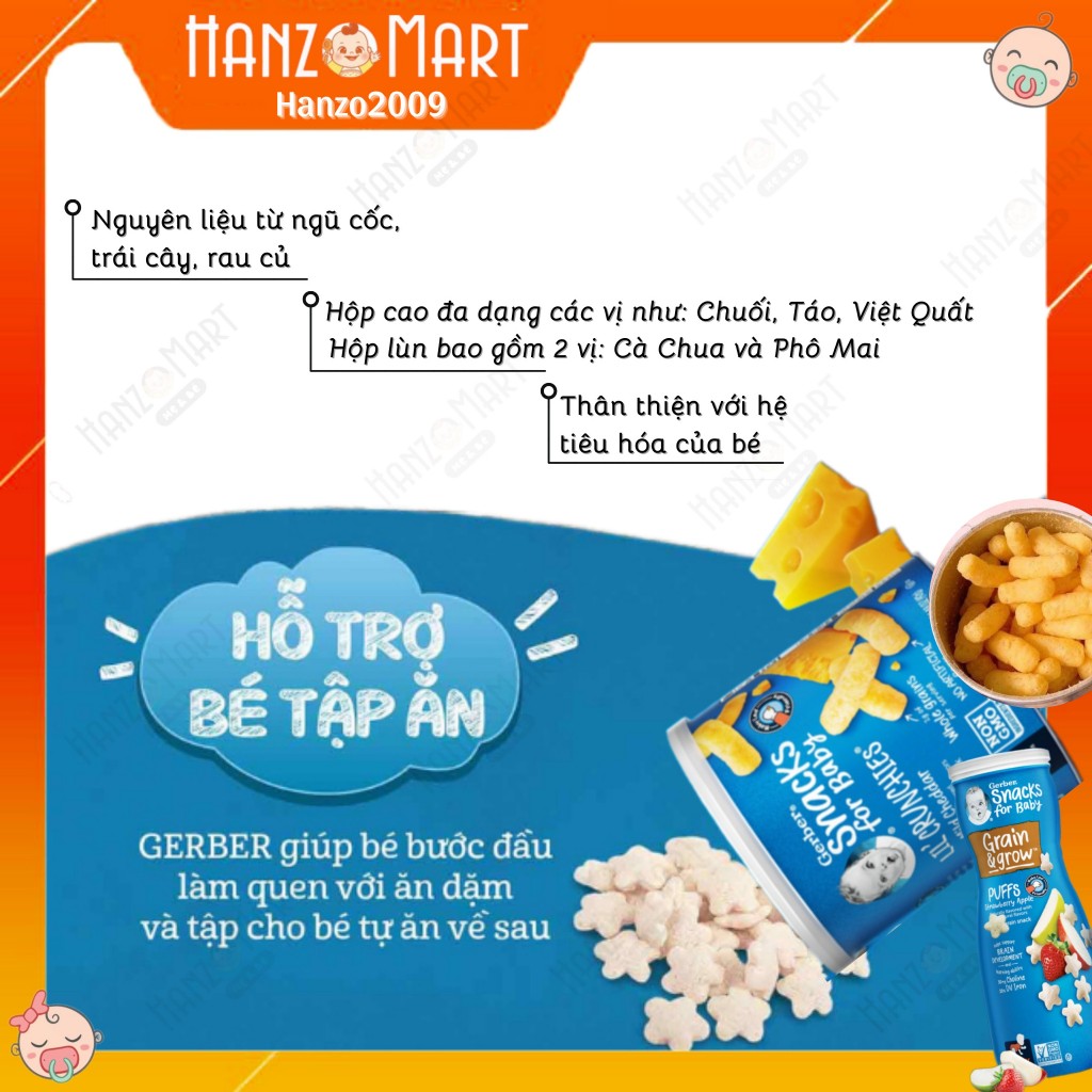 Bánh Ăn Dặm Gerber Puffs ăn dặm cho bé cao hình sao (8m+) (mẫu mới nắp trắng)