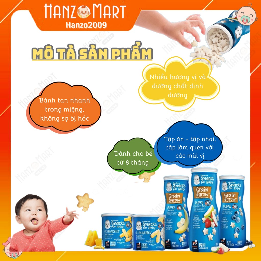 Bánh Ăn Dặm Gerber Puffs ăn dặm cho bé cao hình sao (8m+) (mẫu mới nắp trắng)