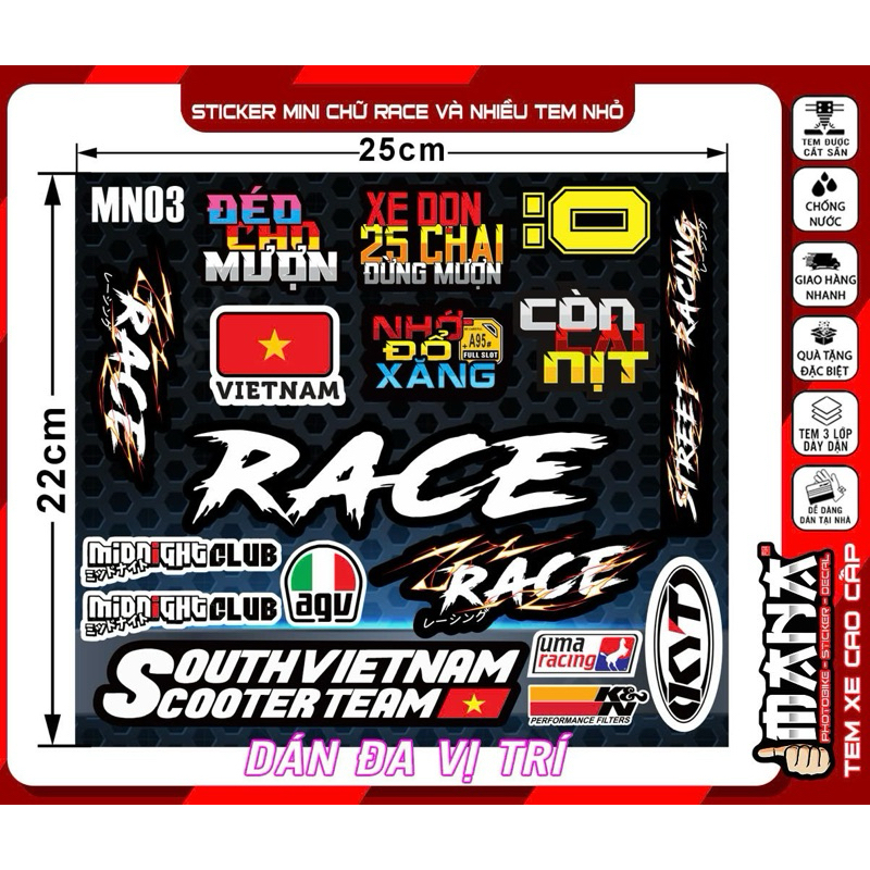 Sticker dán xe mini chữ race và nhiều tem nhỏ , tem tên dán xe điện ...