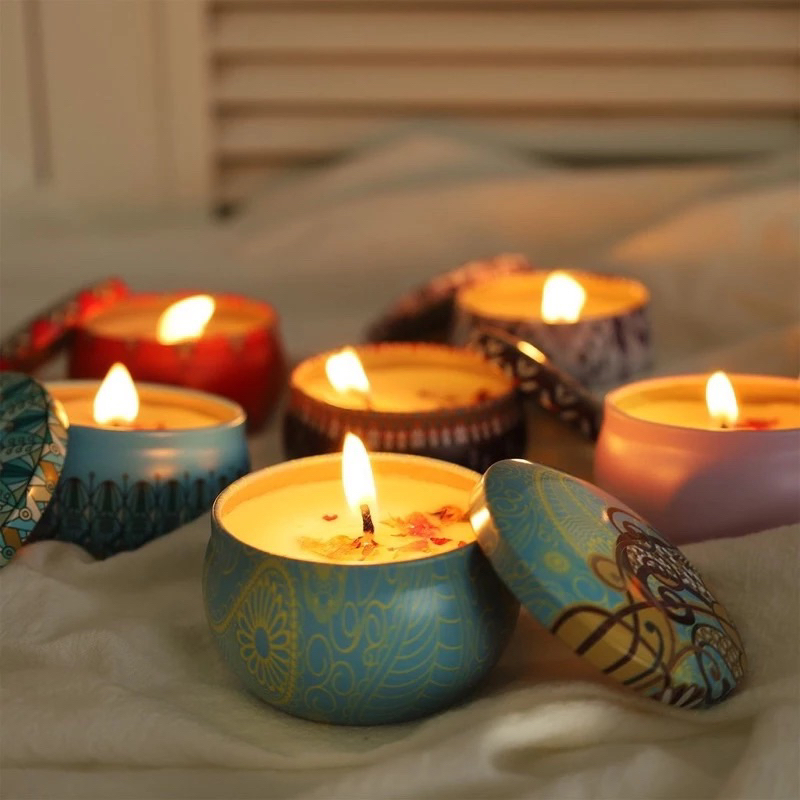 Nến Sáp Thơm Thư Giãn Không Khói Tinh Dầu Thiên Nhiên Phong Cách Hoa Khô Thảo Mộc Vintage Tin