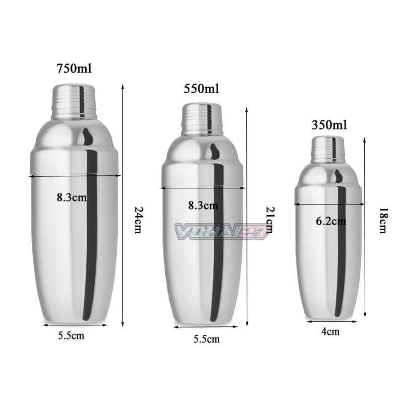 Bình lắc Shaker pha chế cocktail chất liệu inox loại dày (350 - 550 - 750 ml)