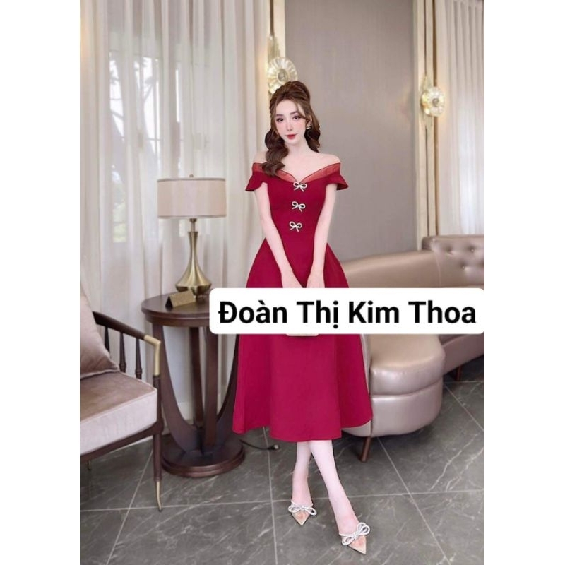 Váy đỏ trễ vai tag nơ ngọc sang chảnh – Kim Thoa Design cao cấp