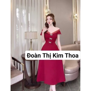 Váy đỏ trễ vai tag nơ ngọc sang chảnh – Kim Thoa Design cao cấp