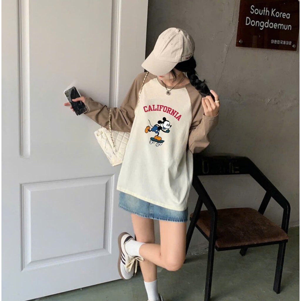 Áo dài tay phối màu in hình JULY fashion2023, Áo thun nữ tay dài Ragan phối màu ngọt ngào Cotton xược form rộng dáng dài