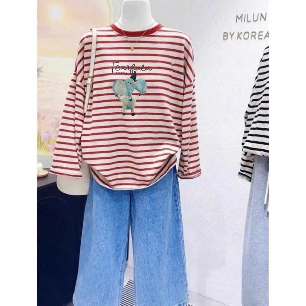 Áo thun nữ dài tay kẻ sọc thu đông 2025, Áo thun tay dài in hình JULYFASHION Chất Cotton dày dặn ấm áp mùa đông