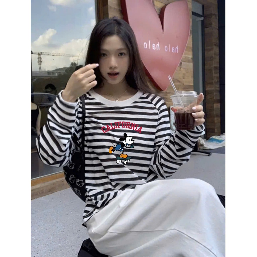 Áo thun nữ dài tay kẻ sọc thu đông 2025, Áo thun tay dài in hình JULYFASHION Chất Cotton dày dặn ấm áp mùa đông