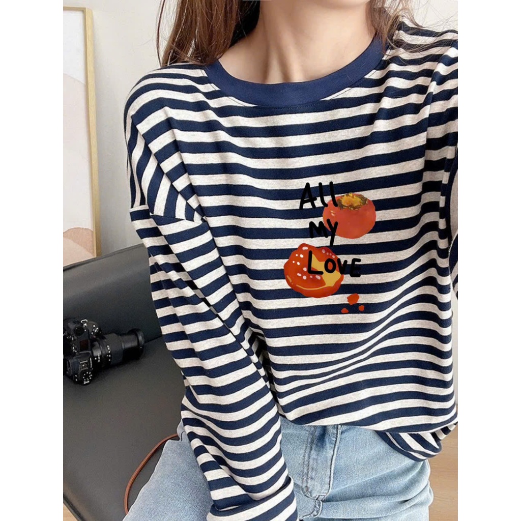 Áo thun nữ dài tay kẻ sọc thu đông 2025, Áo thun tay dài in hình JULYFASHION Chất Cotton dày dặn ấm áp mùa đông