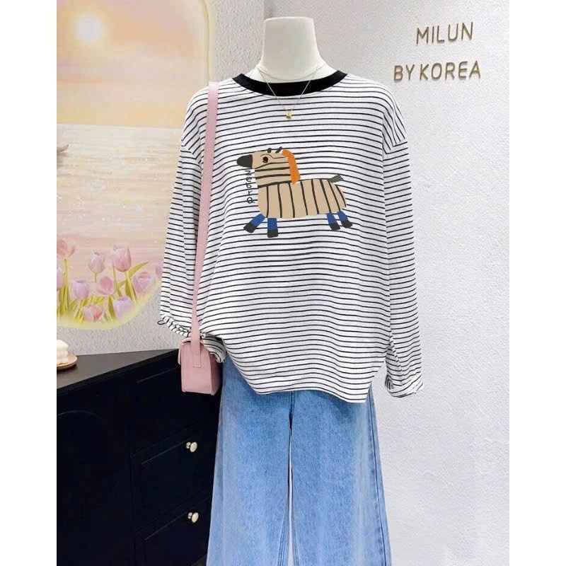 Áo thun nữ dài tay kẻ sọc thu đông 2025, Áo thun tay dài in hình JULYFASHION Chất Cotton dày dặn ấm áp mùa đông