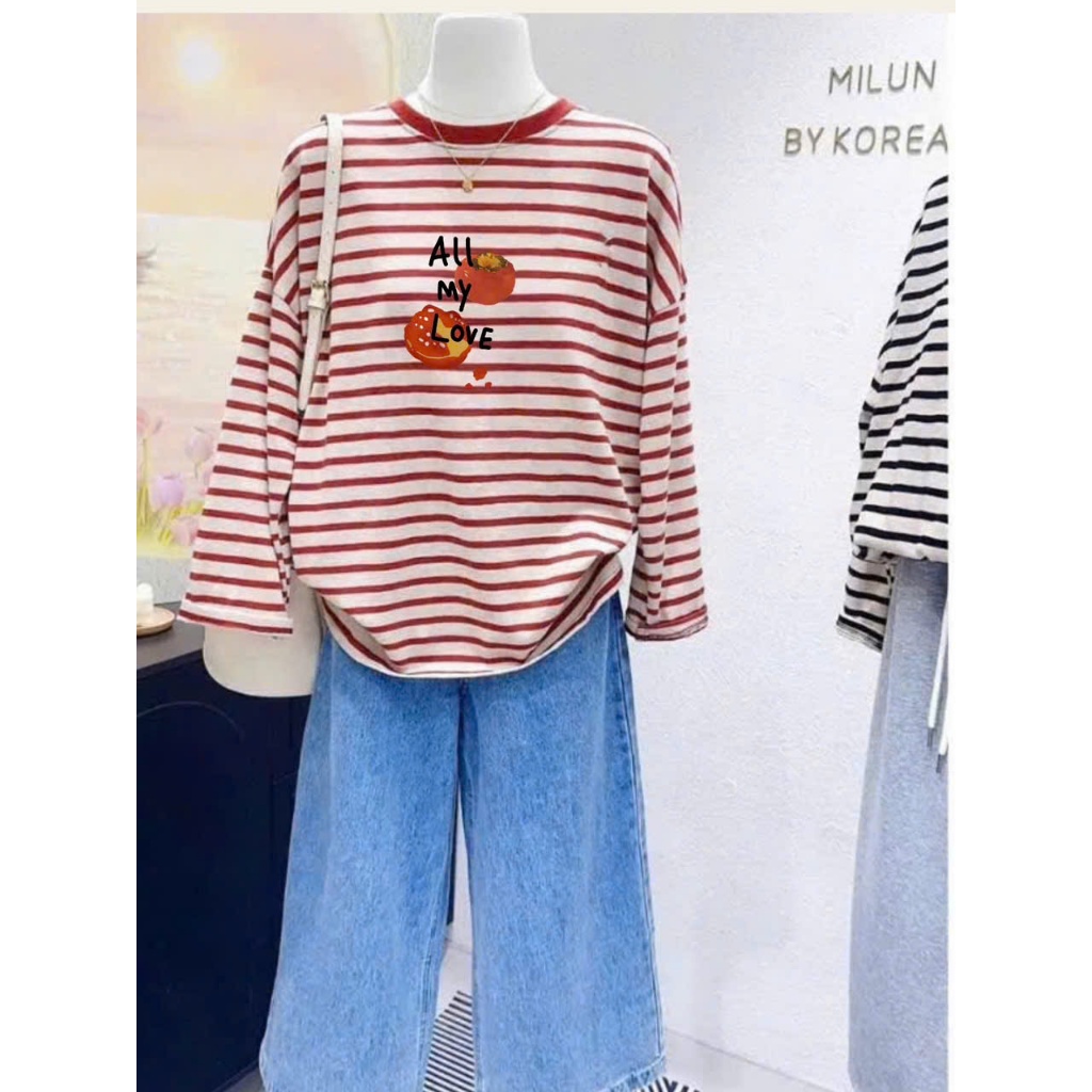 Áo thun nữ dài tay kẻ sọc thu đông 2025, Áo thun tay dài in hình JULYFASHION Chất Cotton dày dặn ấm áp mùa đông