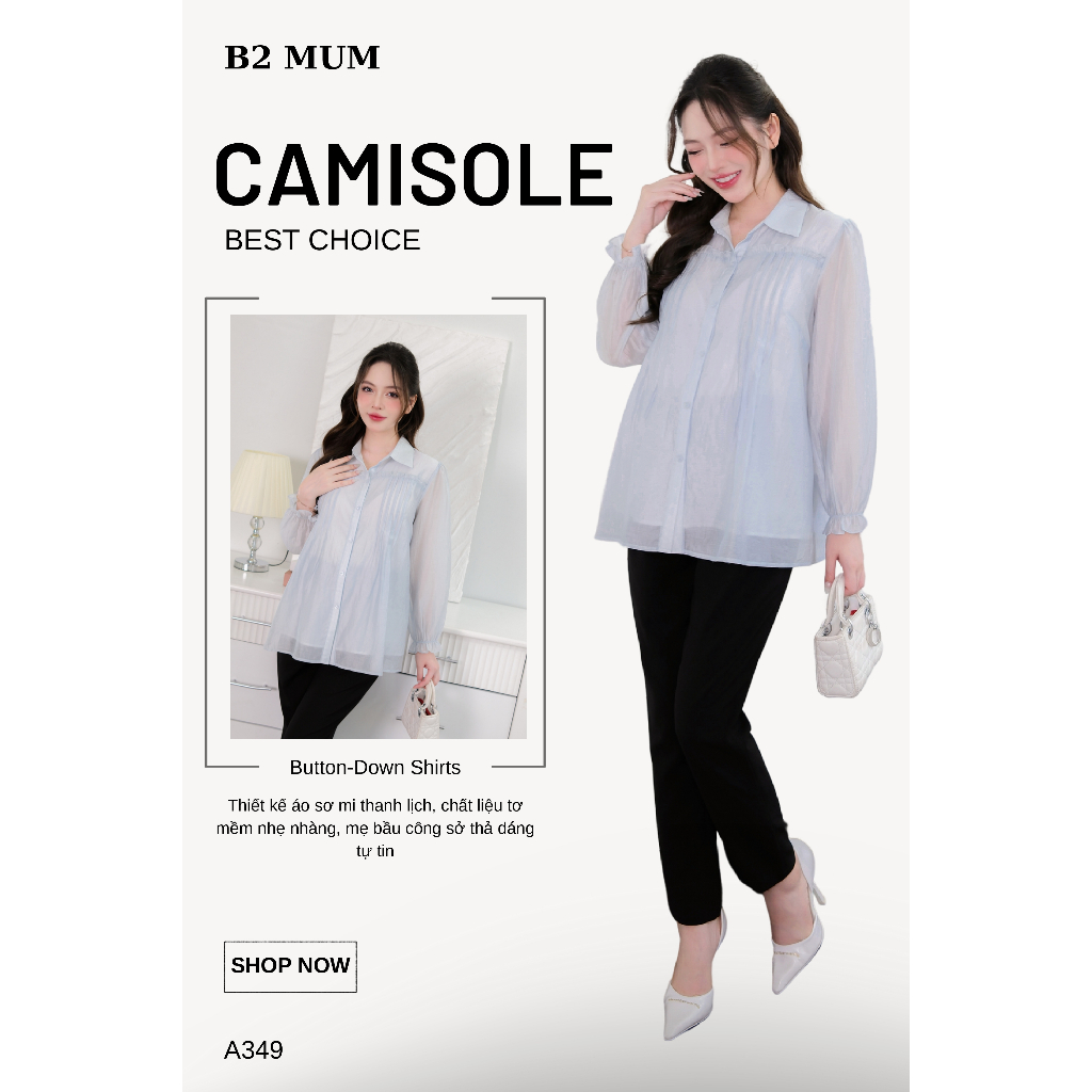Áo sơ mi bầu 2 lớp Chất tơ mềm form dáng siêu đẹp, dễ phối đồ đi làm đi chơi A349 thiết kế by B2MUM