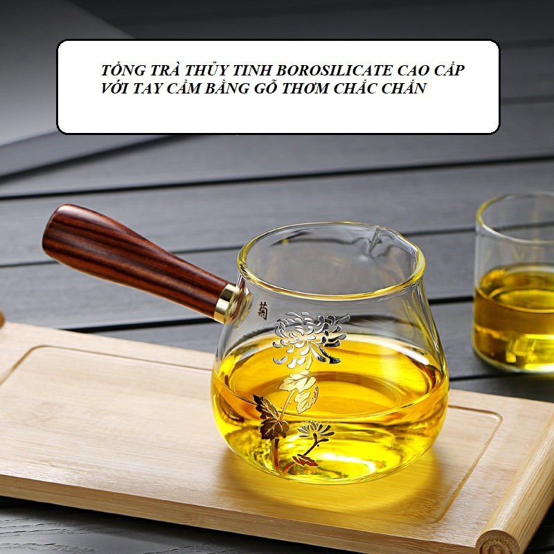Tống chuyên trà thủy tinh Borosilicate chịu nhiệt cao cấp (Cán gỗ chắc chắn)