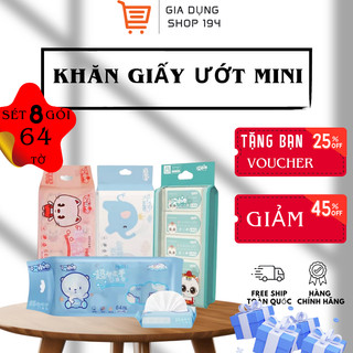 Set 8 Gói (64 tờ) Khăn Giấy Ướt Mini Dễ Thương Bỏ Túi Tiện Lợi, Khăn Giấy Ướt Đa Năng Không Mùi , An Toàn