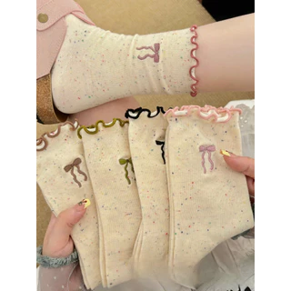 Set 5 Đôi Tất Cao Cổ Nữ màu Muối Tiêu Họa Tiết Nơ Phong Cách Hàn Quốc Siêu Hot    [ J202 ]