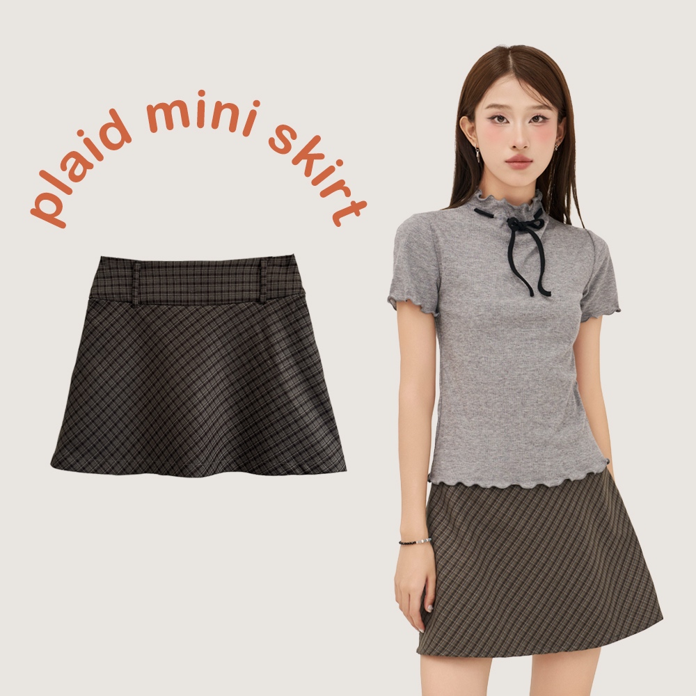 BLEUBIRD Chân váy kẻ caro dáng xòe Plaid Skirt