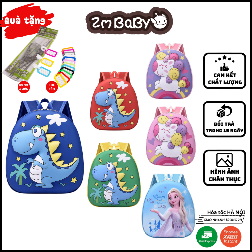 Balo cho bé học mầm non, mẫu giáo hình khủng long ZMBABY TTH-34 in nổi 3D từ 2 đến 5 tuổi, bề mặt chống nước