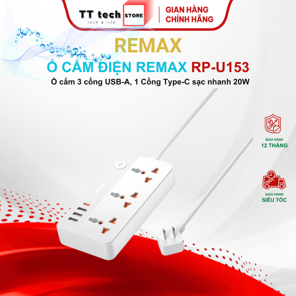 Ổ cắm điện Remax Đa năng sạc nhanh RP-U153 - 3USB, 1 Type C và 3 Ổ Cắm ...