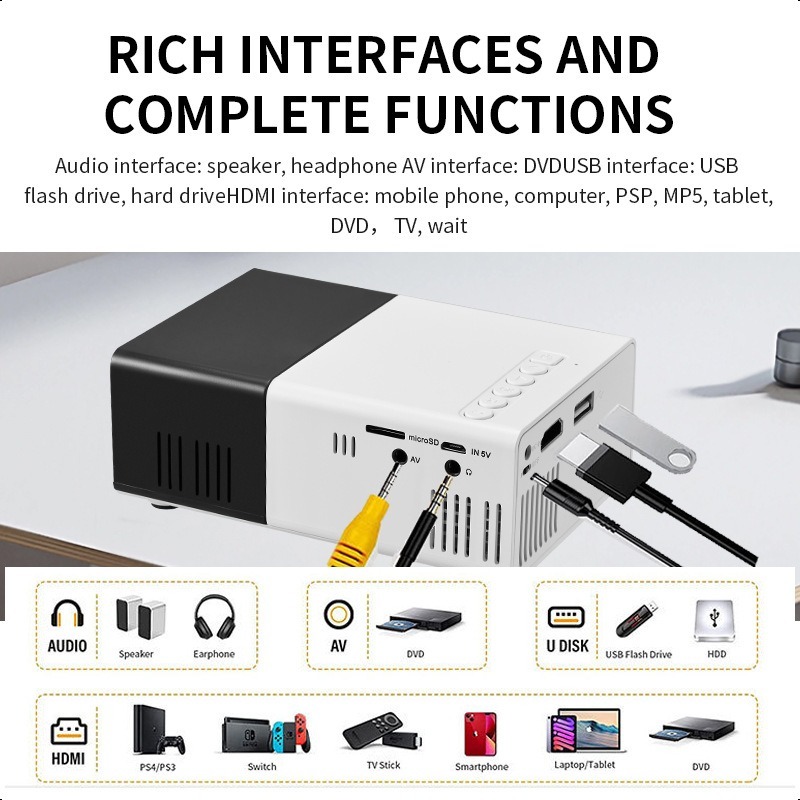 Máy chiếu mini YG300 dễ dàng kết nối với điện thoại di động, máy tính bảng, máy tính xách tay——DIY TOOL STORE
