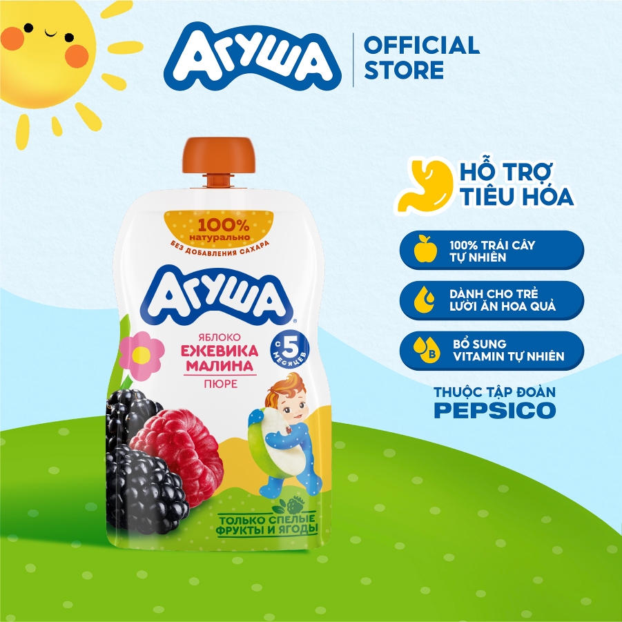 Trái cây nghiền vị táo, mâm xôi đen và mâm xôi đỏ Agusha 90g dành cho ...