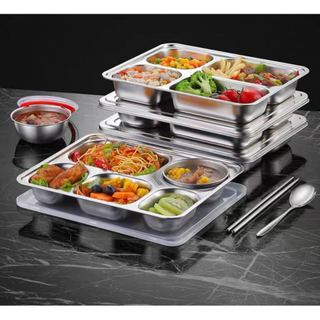 Khay cơm inox 304 cho bé có nắp đậy 2-5 ngăn sâu lòng phong cách Hàn Quốc khay inox đựng thức ăn khay cơm chia ngăn