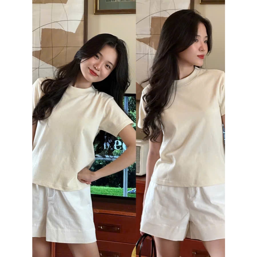 Áo thun baby tee nữ trơn basic ngắn tay cổ bo chun chất cotton mềm thoáng mát thấm hút mồ hôi - BBT