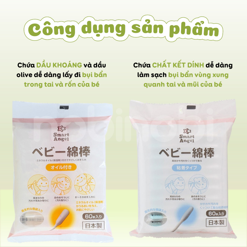 Tăm Bông SmartAngel Thấm Dầu & Kết Dính Làm Sạch Tai Cho Bé (60 cây x 1 gói)