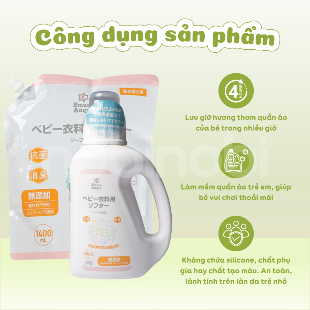 [MUA 1 TẠNG 1] Nước xả vải quần áo SmartAngel Lành Tính Cho Bé 1000ml/1400ml [DATE 10/2026]