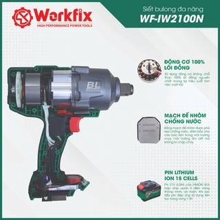 Máy Siết Bulong 2100Nm Workfix Siêu Khỏe, Đầu 3/4 15CELL Mở Vặn Ốc Xe Tải, Ô Tô