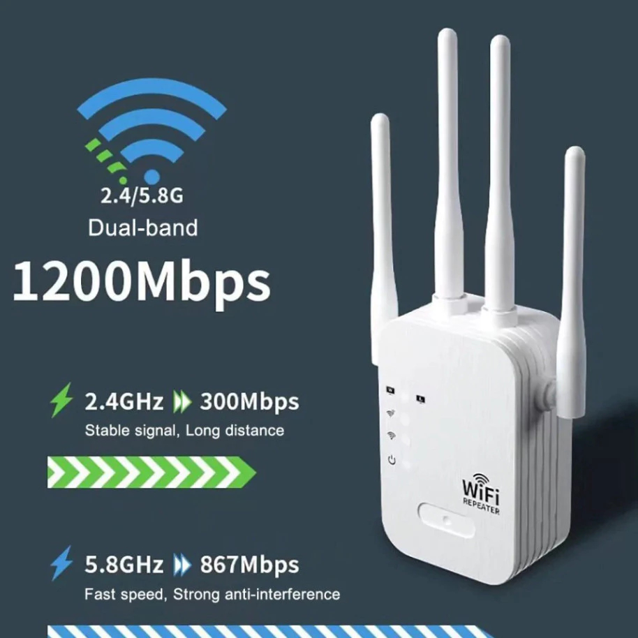 Kích sóng Wifi 4 râu tốc độ cao 1200mpbs 5G / 2.4G 300Mbs. Mở rộng vùng ...