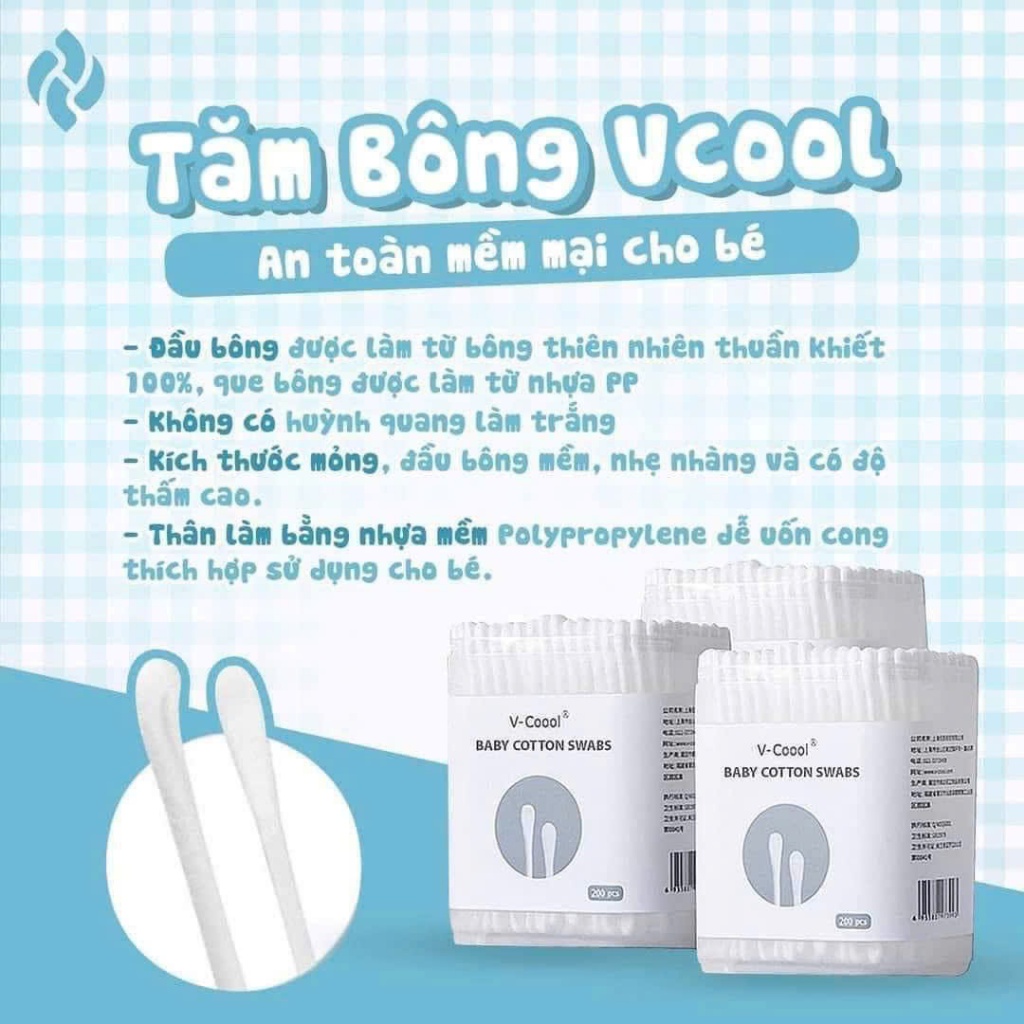 Tăm Bông Vcool - Tăm bông cho bé sơ sinh hai đầu hộp 200 chiếc