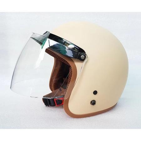 Mũ Nón Bảo Hiểm 3/4 đệm lót nâu Màu Kem Chính Hãng - Kính Phi Công + Kính UV 400 Đen - Helmet