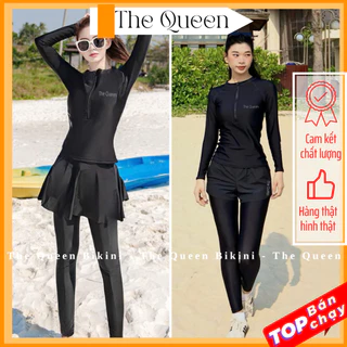 Đồ bơi nữ Ninja đi biển Bikini kín đáo màu đen áo tay dài có khóa kéo quần dài chất thun có giãn 4 chiều The Queen