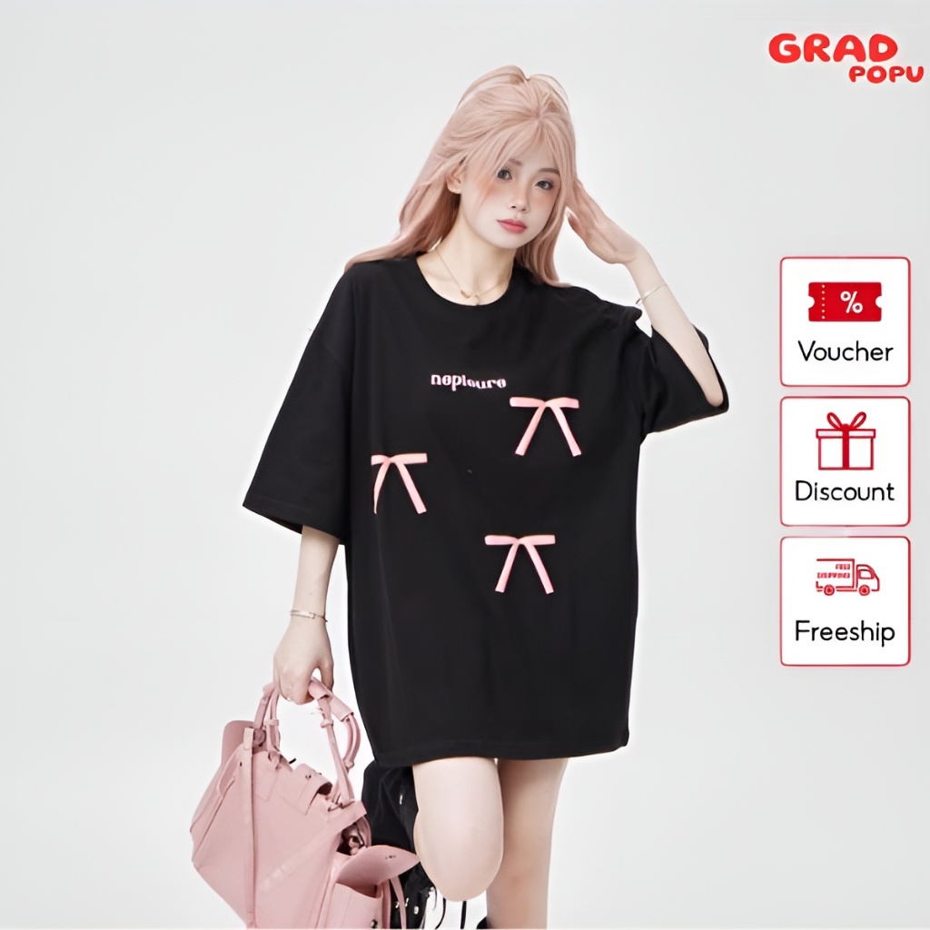 Áo thun nữ dáng rộng GRADPOPU PAT63 tay ngắn cổ tròn kết hợp in hình thắt nơ độc đáo chất thun mềm mịn thoáng mát