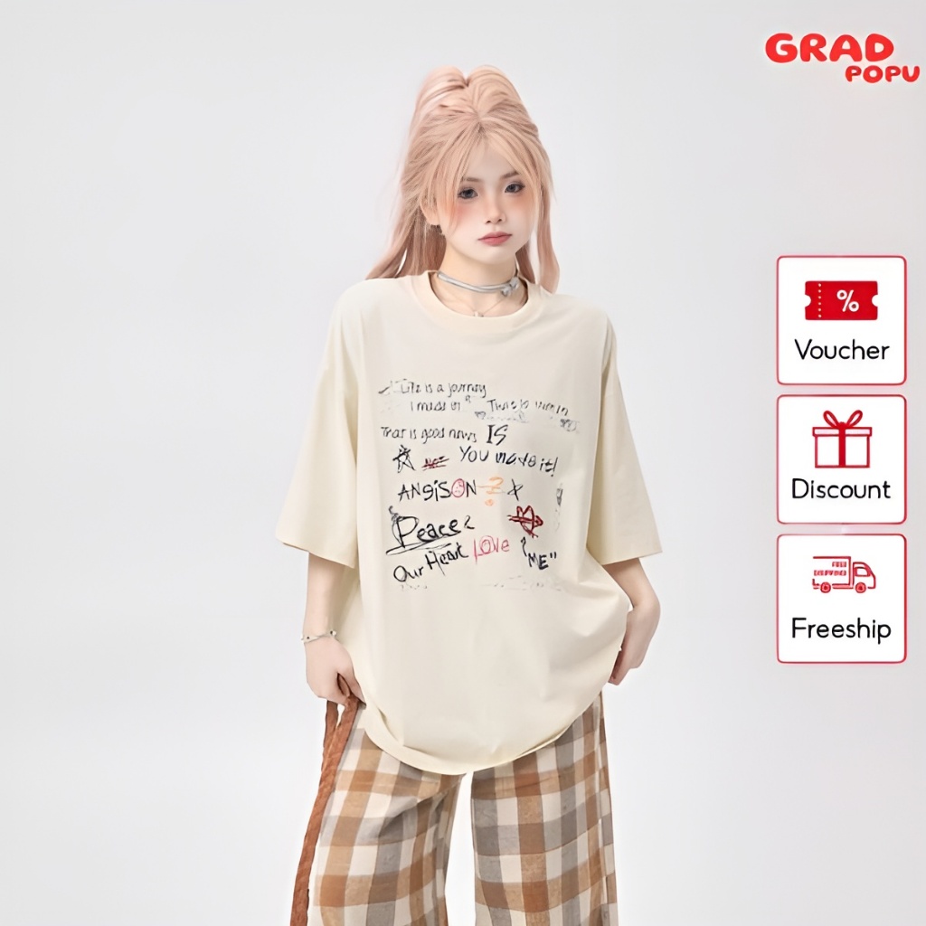 Áo thun nữ form rộng GRADPOPU cổ tròn in hình họa tiết đơn giản chất thun mềm mịn thoáng mát PAT62