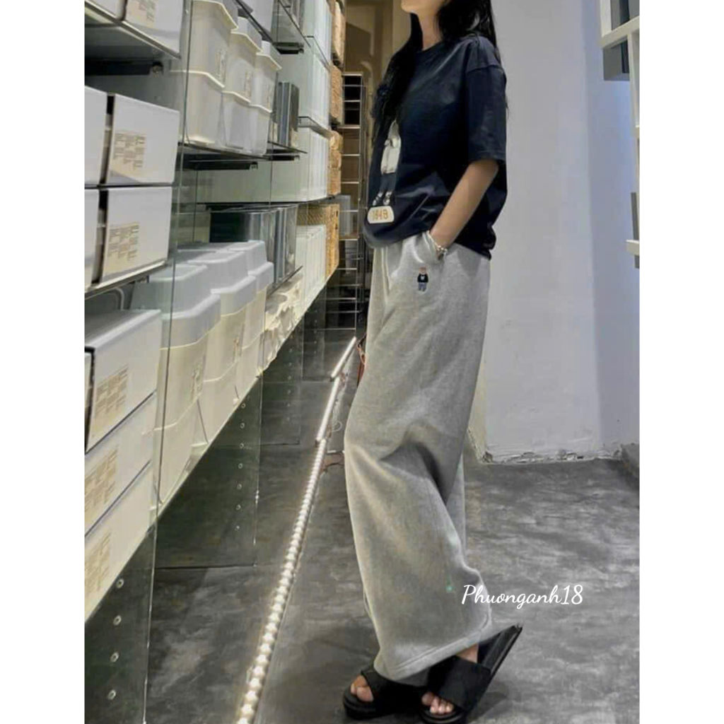 Quần nỉ suông thêu logo gấu phong cách Hàn Quốc quần dài 100cm