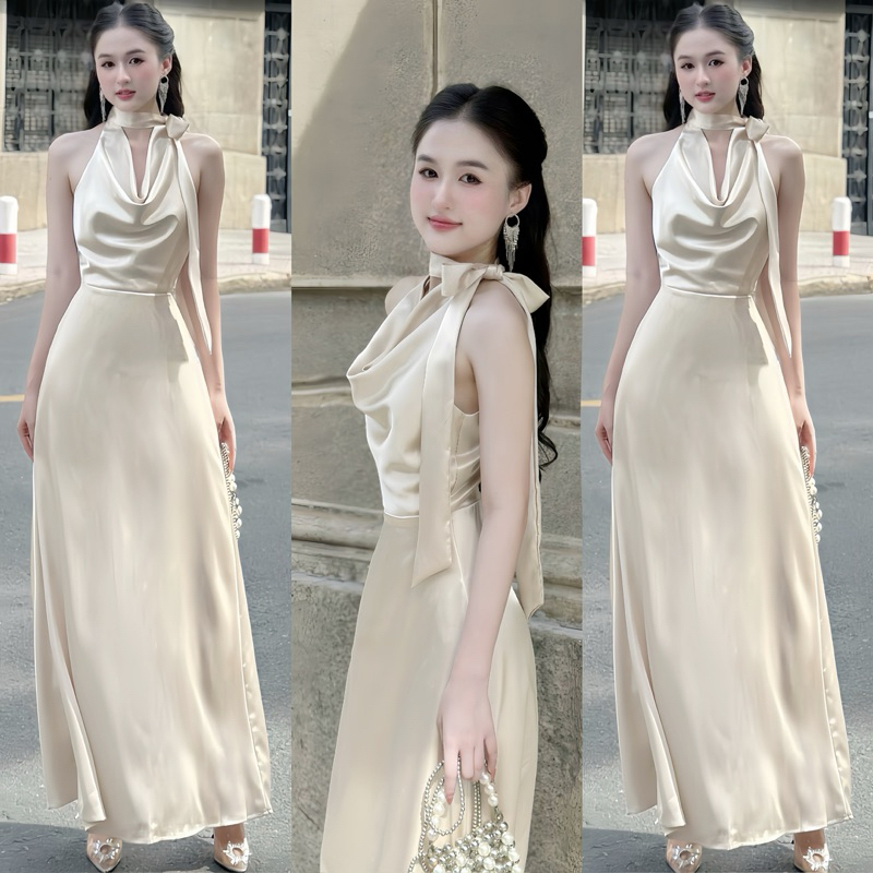 ( KÈM DÂY CỘT DÀI) -Váy Lụa Dự Tiệc Cổ ĐỖ  Kín Lưng DÁNG DÀI Chất Lụa Mềm Mịn Sang Trọng Phong Cách Sang Trọng Nhẹ Nhàng