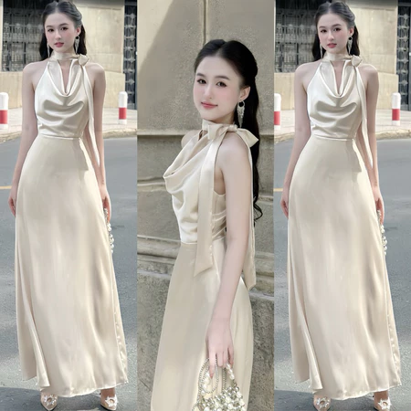 Váy Lụa Dự Tiệc Cổ ĐỖ Kín Lưng DÁNG DÀI Chất Lụa Mềm Mịn Sang Trọng Phong Cách Sang Trọng Nhẹ Nhàng