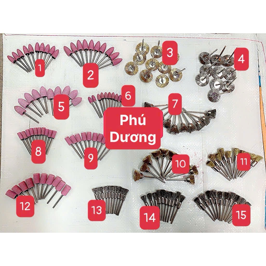 Chổi đánh rỉ lắp máy khoan, Đá mài sửa khuôn . chân 3 đủ cỡ đủ hình ...