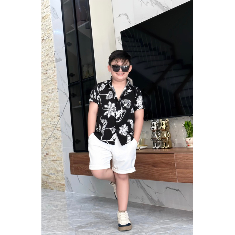 set sơmi hoa tiết đen cho bé trai 10-52kg TONI BRAND