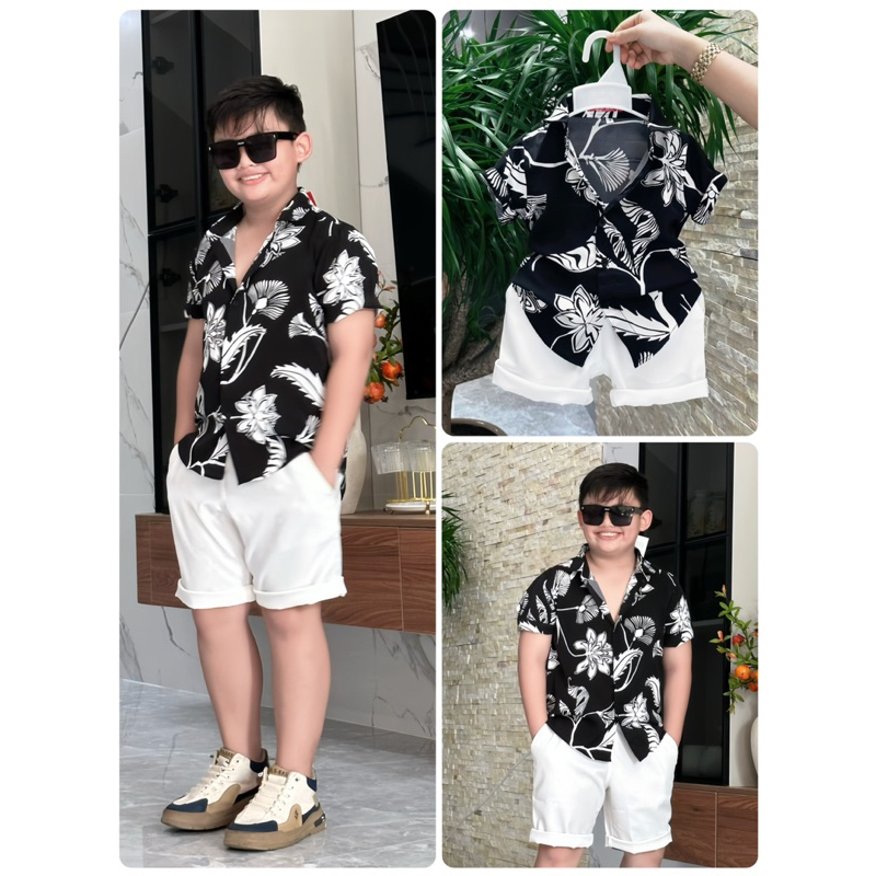 set sơmi hoa tiết đen cho bé trai 10-52kg TONI BRAND